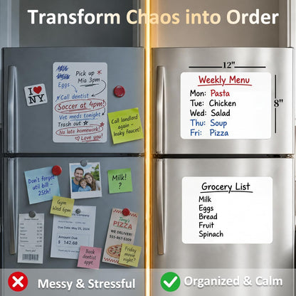 Magnetic White Board for Refrigerator Plan Weekly Menus at a Glance | Dry Erase Sheet for Meal Schedules - 12" x 8" Kitchen Command Center for Busy Moms with Magnet Backing Packed Flat