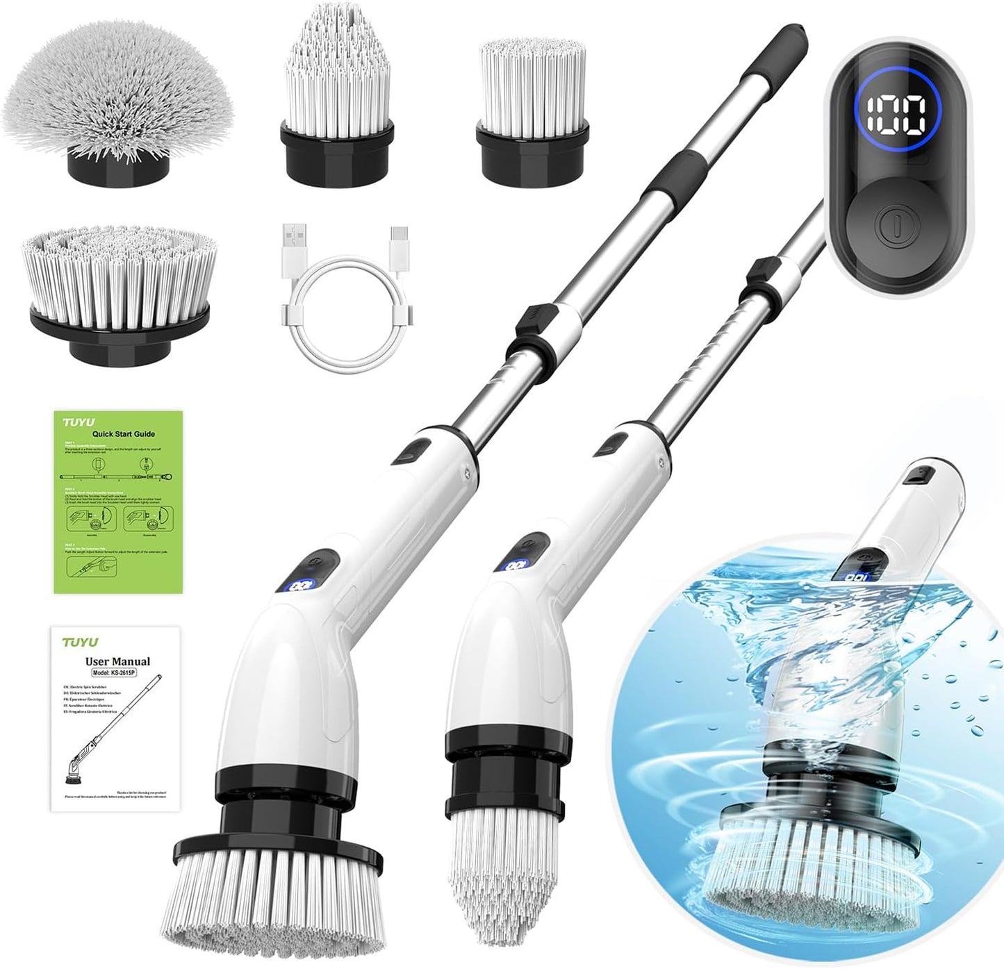 Electric Spin Scrubber,8 Replaceable Brush Heads for Home | IPX7 waterproof power scrubber with LCD display, multi heads, extendable handle, 90min runtime for bathroom kitchen glass car
