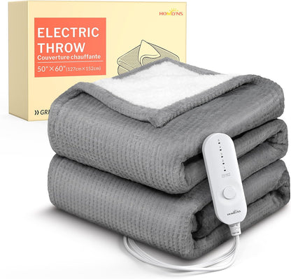 HOMLYNS Heated Throw Blanket, 5 Heat Settings, 3 Hours Timer, Grey