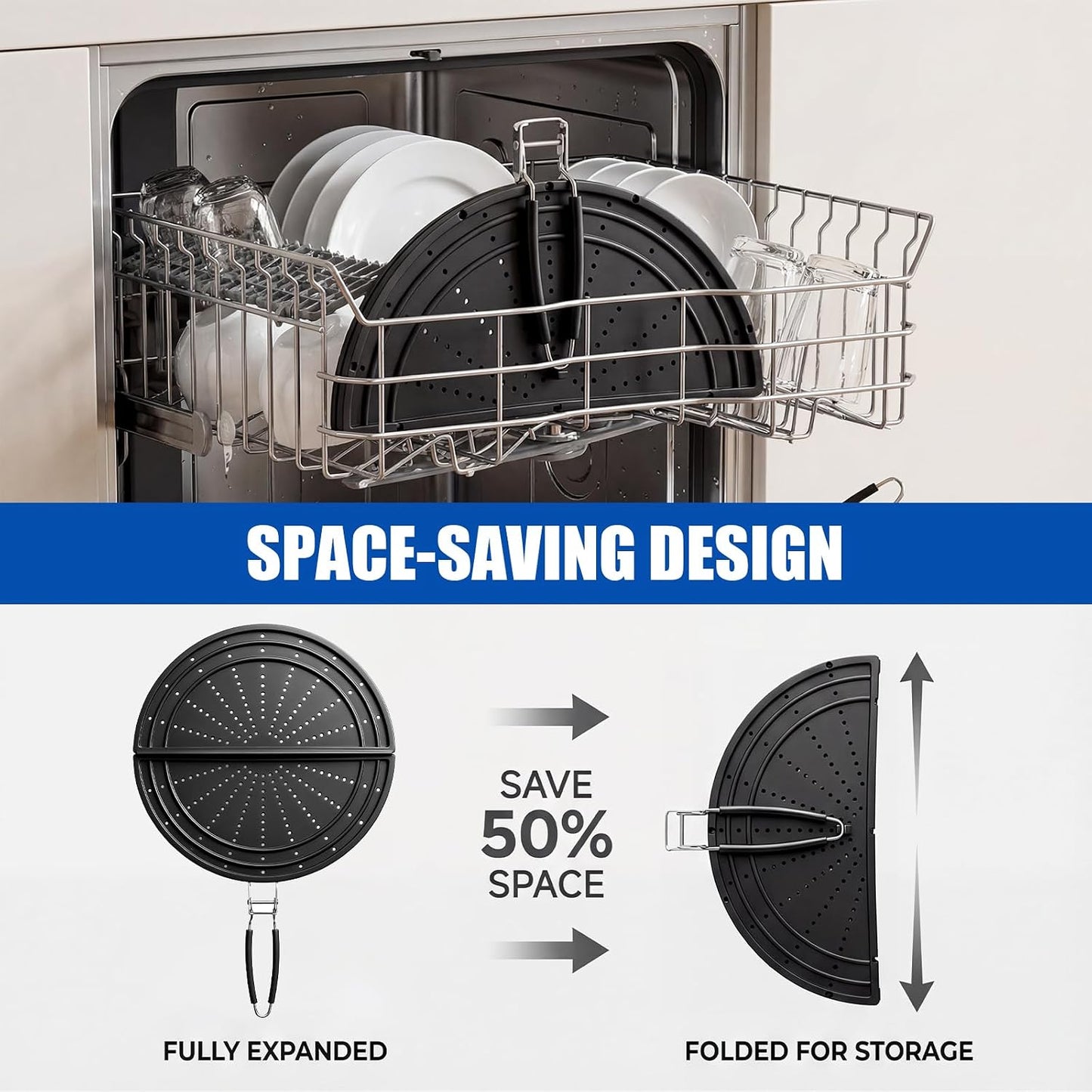 Snowyee Foldable Silicone Splatter Screen for Frying Pan, 13 Inch, Black | Foldable Design for Save Space, Reduces Oil Splatter, Lets Steam Escape, Fits 10-12 inch Pans, Dishwasher Safe, Easy to Clean