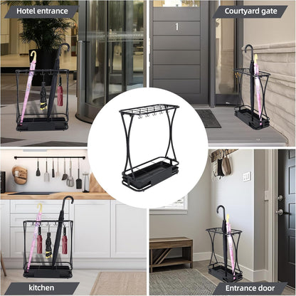 15 Slot Umbrella Stand with 8 Hooks – Heavy Duty Metal Indoor Umbrella Rack Holder with Removable Drip Tray – Large Commercial Entryway Organizer for Office, Lobby or Home