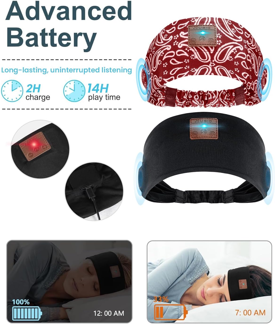 2-Pack Sleeping Headphones, Headband Headphones with Thin Speakers