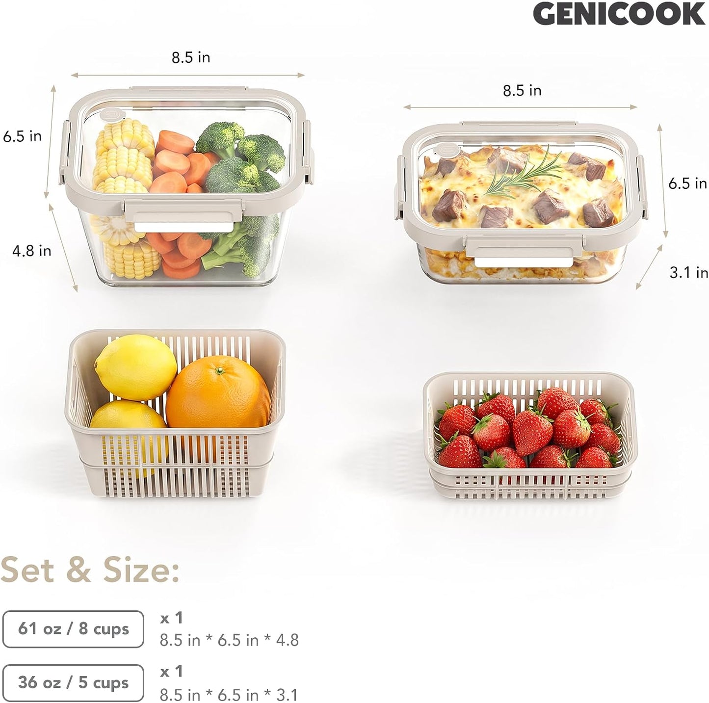 Glass Produce Storage Containers for Fridge, 2-Pack – Airtight Fruit & Vegetable Containers with Removable Colanders, Flexible Silicone Lids,LeakProof, BPA-Free Borosilicate Glass