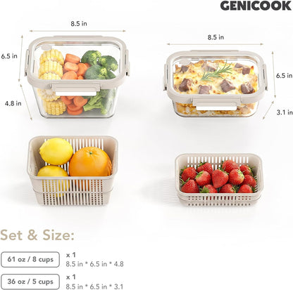Glass Produce Storage Containers for Fridge, 2-Pack – Airtight Fruit & Vegetable Containers with Removable Colanders, Flexible Silicone Lids,LeakProof, BPA-Free Borosilicate Glass