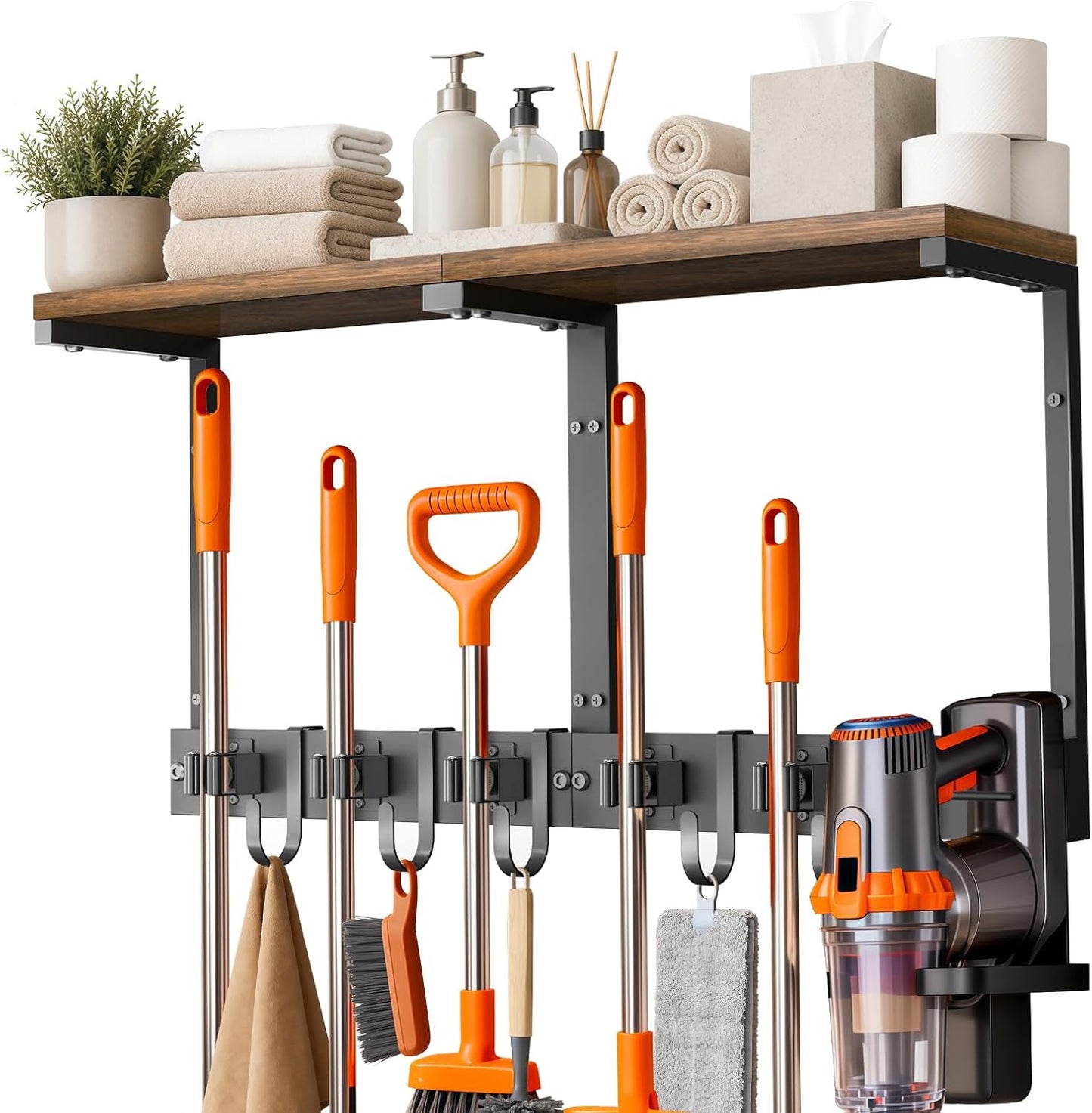 Large Broom Holder Wall Mount with Shelf, Vacuum Organizer, 5 Slots 5 Hooks | Black, 3-In-1 Wall Mount Stores Brooms/Mops/Vacuum, Cleaning Supplies With 5 Grippers/5 Hooks And A Sturdy Wooden Top Shelf