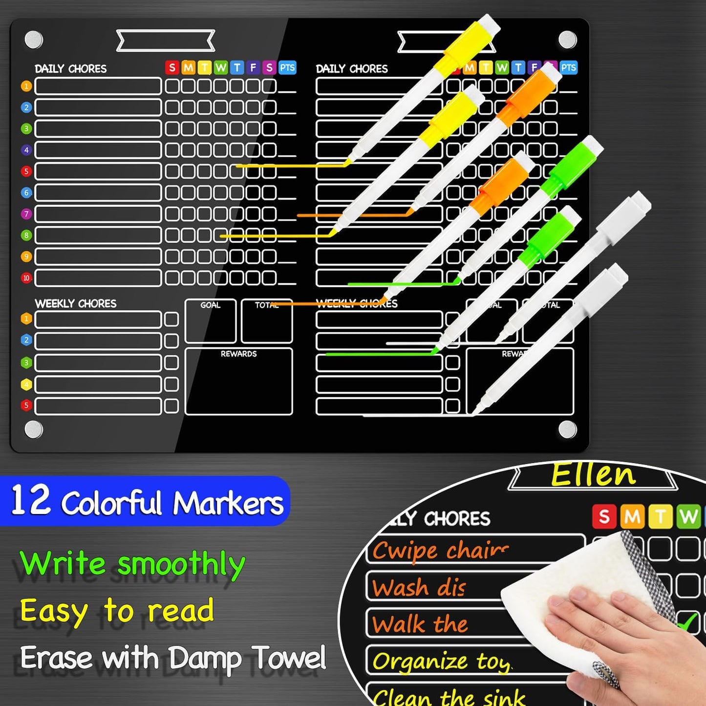 PigPotParty 2-in-1 Acrylic Magnetic Chore Chart for 2 Kids, Large 16x12 in | Clear Dry Erase Fridge Chore Board for Teens, Roommates; Vibrant Layout; Embedded Magnets; 12 Wet-Erase Markers and Towel