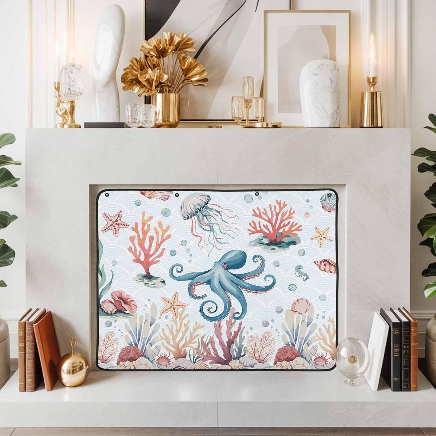 Magnetic Fireplace Cover Turtle Coral Starfish Fireplace Screen Decorative Shell Ocean Marine Life Insulation Fireplace Blocker Save Energy Fireplace Draft Stopper Covers for Living Room 39x32 Inch