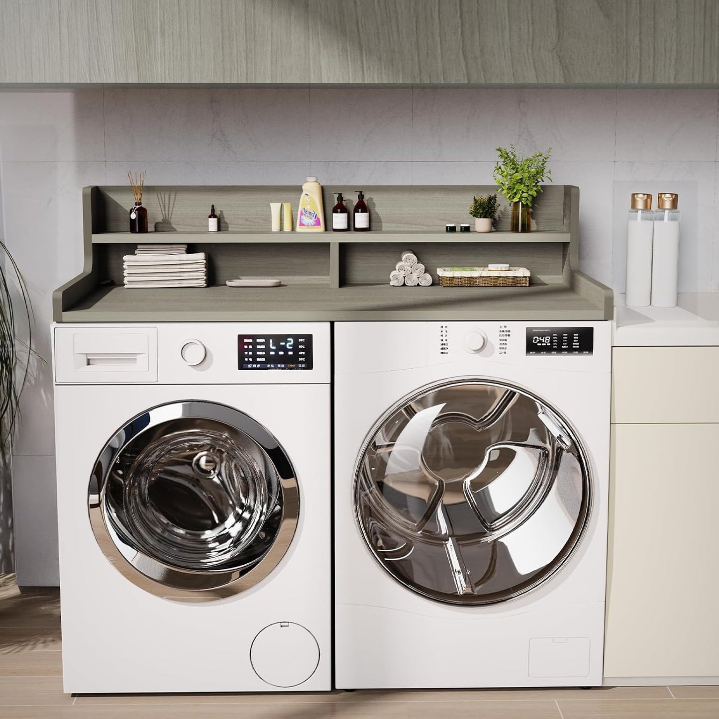 Washer Dryer Countertop, 54" x 27.55" 2-Tier Washer Dryer Topper with Edge, for Laundry Room Organization Oak
