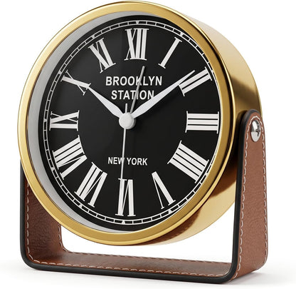 Analog Alarm Clock - 4.5" Silent Non Ticking Small Clock with Light, Rotatable Stand Metal Desk Clock Battery Operated, Simple Design for Living Room Decor/ Bedroom/Bedside/Shelf (Black & White)