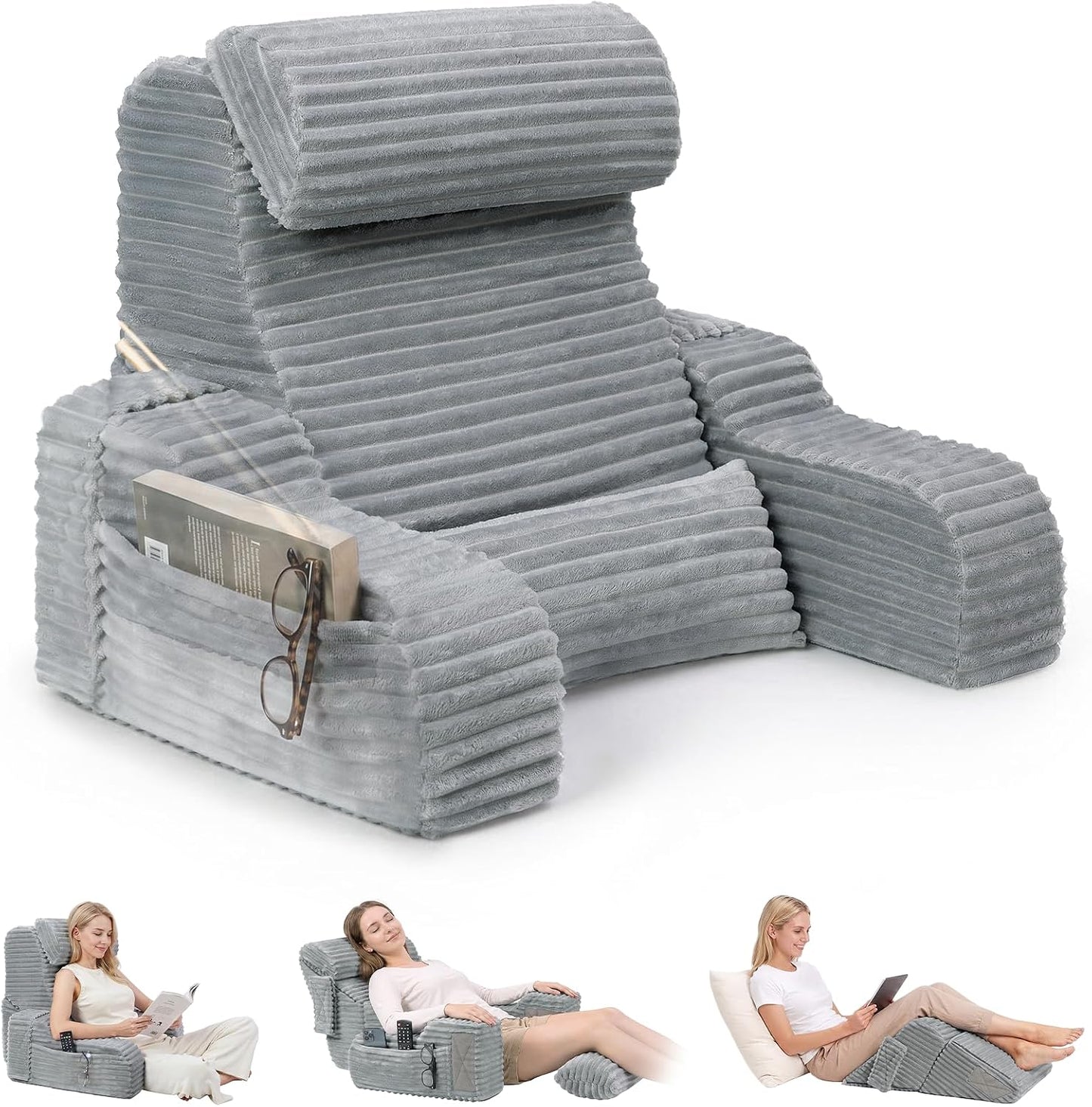 Foldable 5PCS Reading Pillow for Bed, Grey, 19” | 2 in 1 Bed Pillow for Sitting Up, Back Pillow with Arms, Wedge Pillow for Watching TV, Reading, Gaming, Post Surgery, Nursing