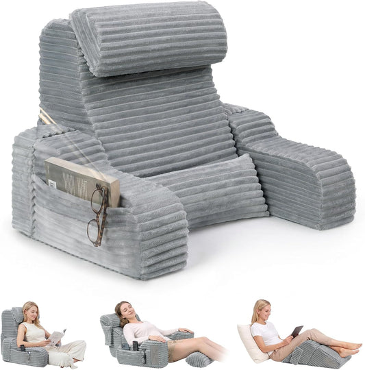Foldable 5PCS Reading Pillow for Bed, Grey, 19” | 2 in 1 Bed Pillow for Sitting Up, Back Pillow with Arms, Wedge Pillow for Watching TV, Reading, Gaming, Post Surgery, Nursing