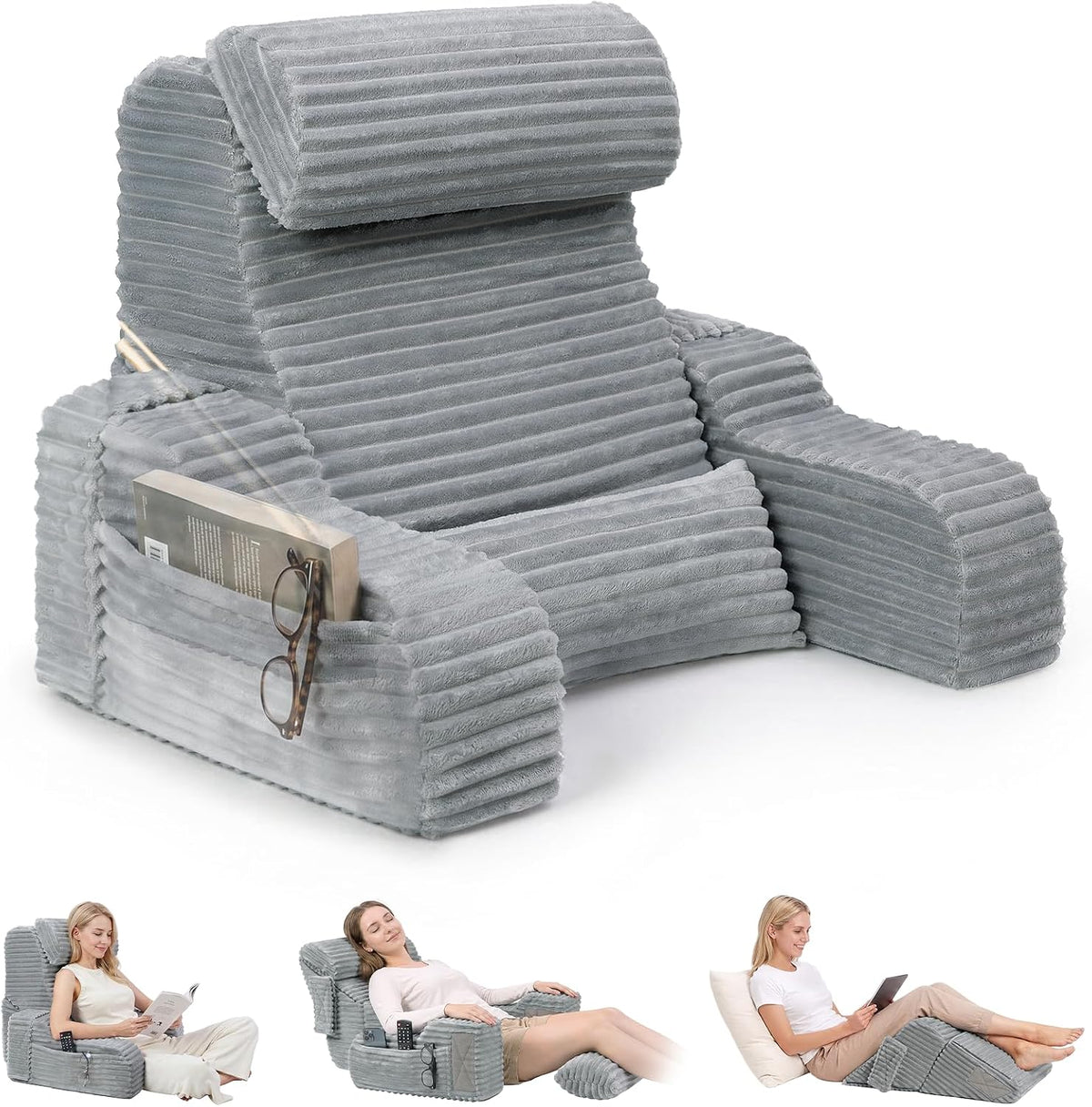 Foldable 5PCS Reading Pillow for Bed, Grey, 19”