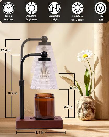 Candle Warmer Lamp with Timer, Dimmable, Adjustable Height, Oval | 2 bulbs included, no flame needed, 1-year warranty, farmhouse or modern decor, for bedroom, kitchen, living room, gifting