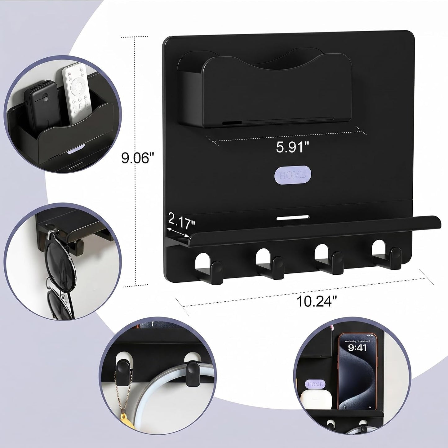 Bedside Shelf Wall Mount, Adhesive Bedside Shelf Accessories Organizer with Hooks and Cable Clips,Dorm Bedside Wall Storage for Phone, Remote, Earphone,Plastic (White)