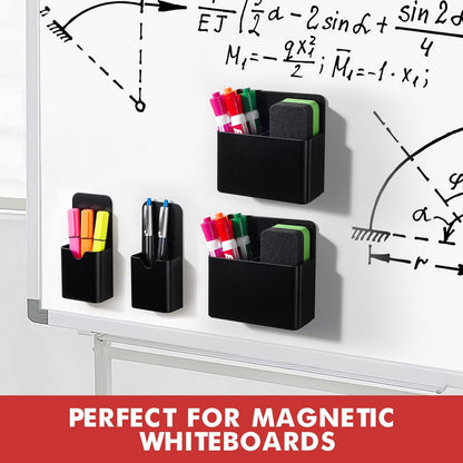 BEYGORM Magnetic Marker Holder, Dry Erase Pen Organizer for Whiteboard | 4 pack strong magnet backed plastic pencil & pen cups for classroom, locker & refrigerator accessories(Black)