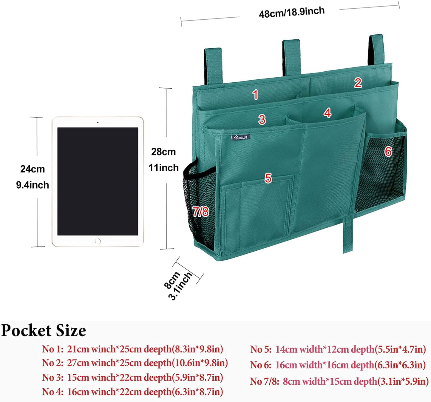 Surblue Bedside Caddy Hanging Organizer Storage Bag Pocket for Bunk, Hospital, College Dorm Rooms, Baby Bed Rails, Camp - 4 Pockets, 2 Hooks (Blue)