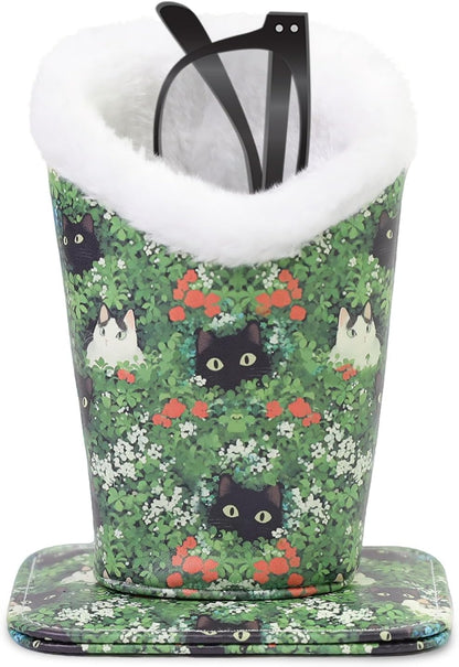 Plush Lined Eyeglasses Holder, Cute Magnetic PU Leather Glasses Stand Case for Women Men Kids