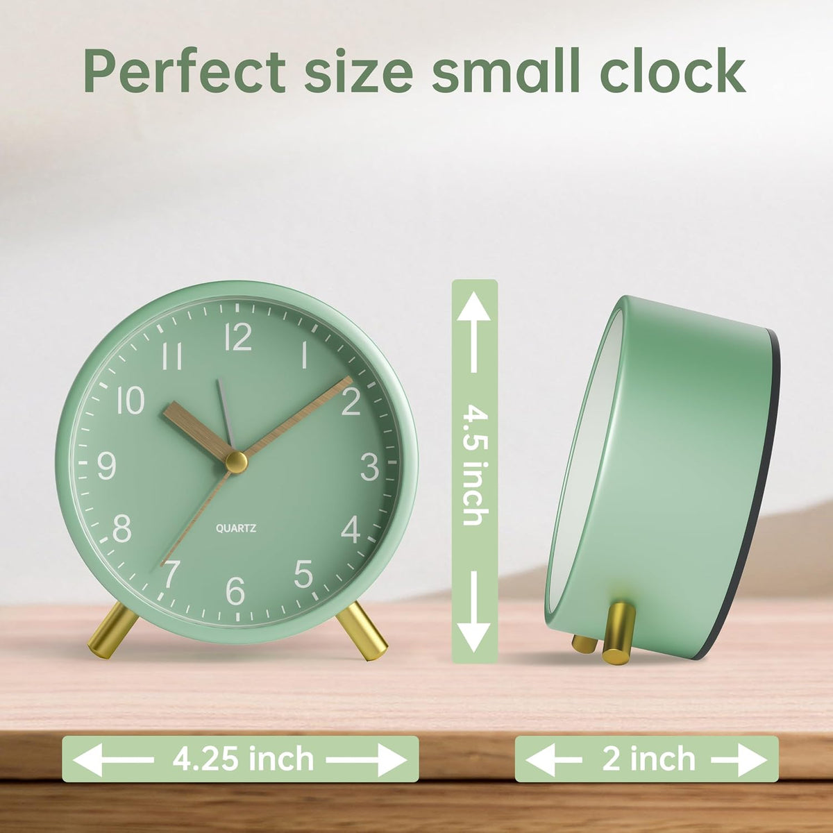 JALL Analog Alarm Clock, 4 inch Super Silent Non Ticking Small Clock with Night Light, Battery Operated, Simple Design, Easy Setting for Office, Bedroom, Bedside, Desk, Teens, Elders, Adult, Green
