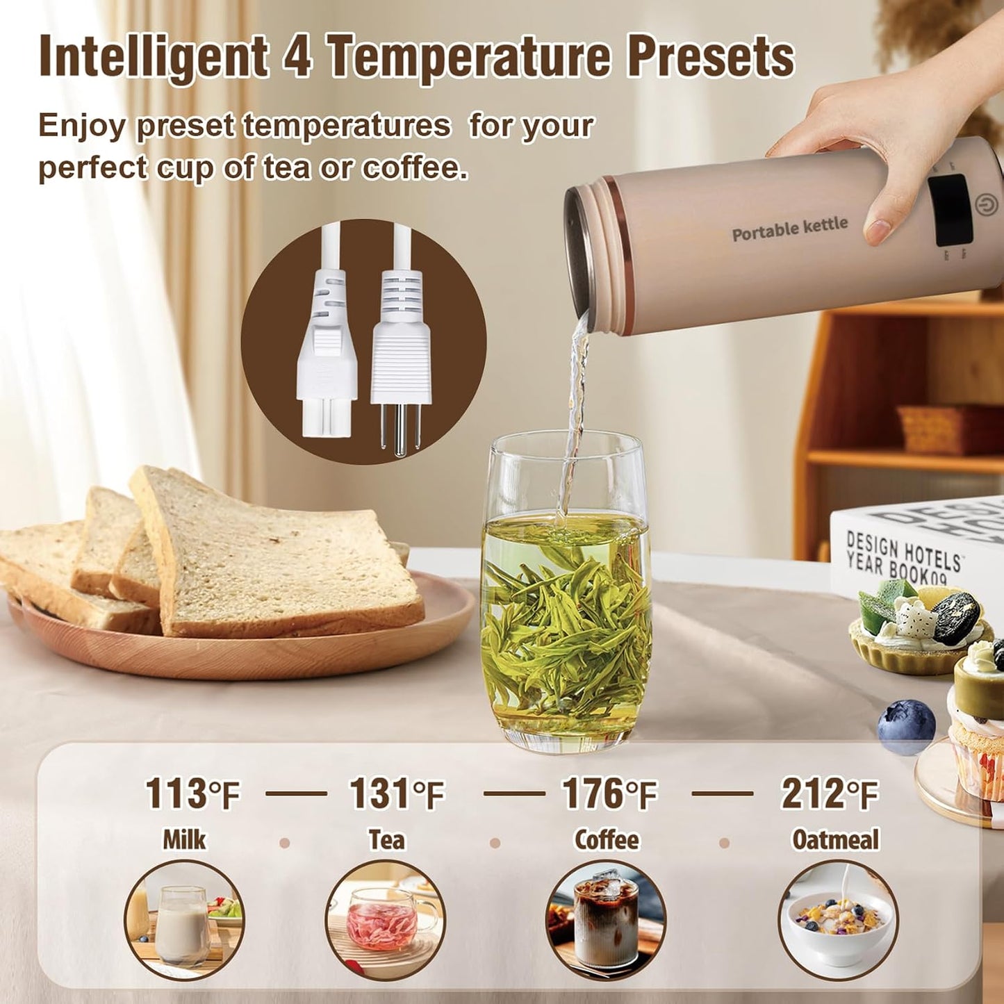 Touxila Portable Electric Kettle for Travel 120V, 13.5oz, 4 Temp Settings | 304 Stainless Steel Lining,Fast Boiling Water,Auto Shut-Off,Boil Dry Protection,Small Kettle for Office & Hotel(Beige, 400ML)