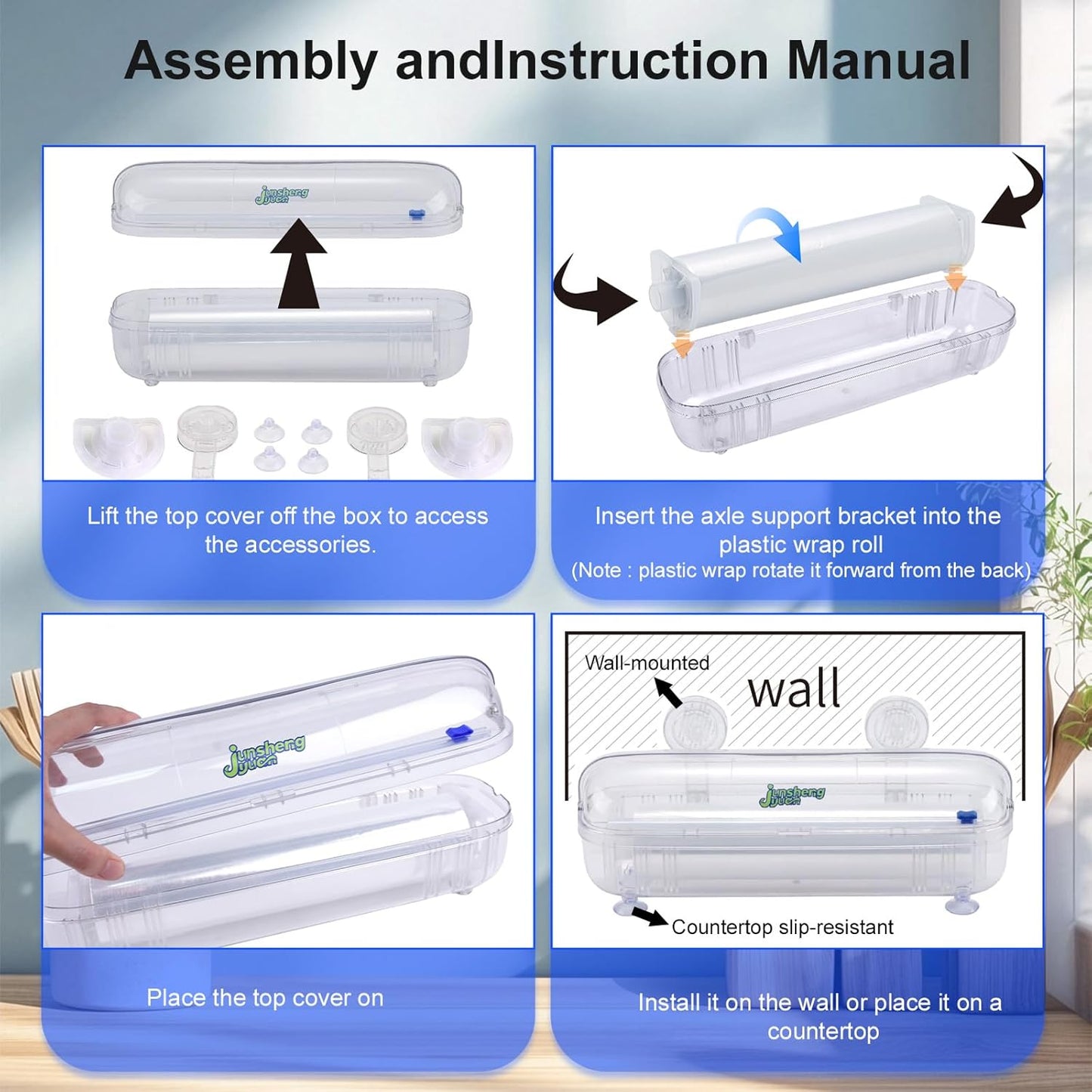 Refillable Cling Wrap Dispenser with Slide Cutting Cutter | Reusable design supports nail-free wall mounting & countertop placement, neatly stores plastic wrap for food preservation
