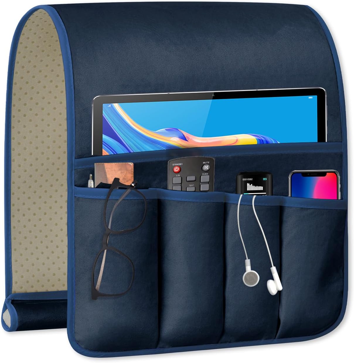 Remote Control Holder for Armchair Caddy, Remote Holder with 5 Pockets | Couch TV Remote Holder with Non-Slip Base, Bedside Caddy Organizer for Key Glasses Phone Magazine (Blue, 35"x12.4")