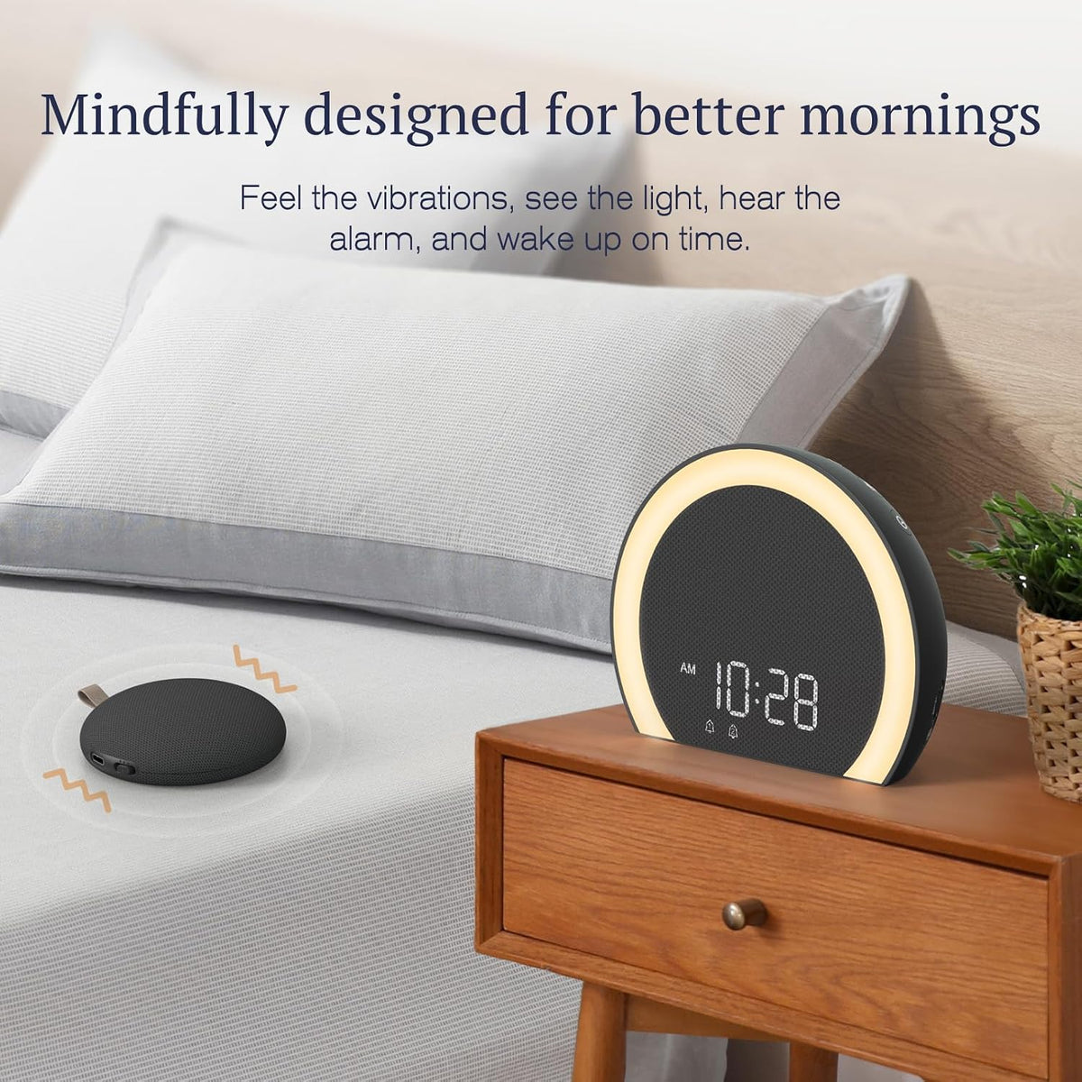 ANJANK Extra Loud Alarm Clock with Wireless Bed Shaker, Vibrating Dual Alarm with Light Wake Up for Heavy Sleepers & Hearing Impaired, 9-Color Night Light, 8 Sounds, 0-100% Dimmer, USB Charger