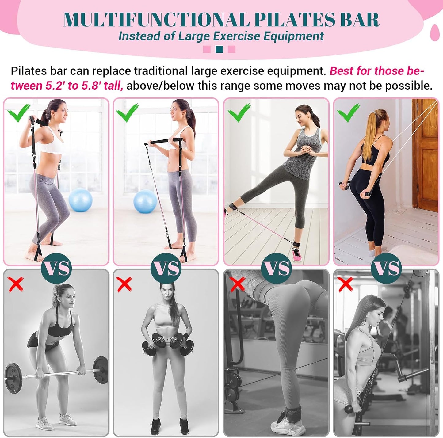 Pilates Bar Kit with Resistance Bands, Multifunctional Yoga Pilates Kit | Heavy-Duty Metal Adjustment Buckle, Portable Home Gym Pilates Resistance Bar Kit for Women Full Body Workouts