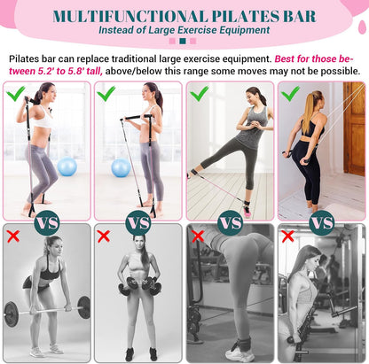Pilates Bar Kit with Resistance Bands, Multifunctional Yoga Pilates Kit | Heavy-Duty Metal Adjustment Buckle, Portable Home Gym Pilates Resistance Bar Kit for Women Full Body Workouts