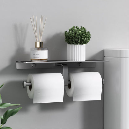 Matte Black Toilet Paper Holder with Shelf, Wall-Mounted Bathroom Organizer, Double Roll
