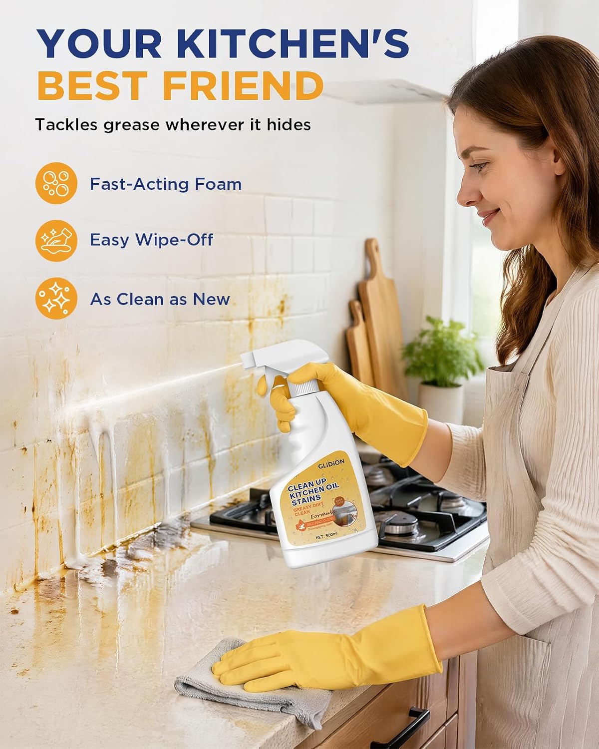 Heavy Duty Kitchen Degreaser Spray with Foam Sprayer, 16.9 Fl Oz | Multi-Purpose Grease Remover, Safe Non-Corrosive Formula, Works For Range Hood, Stove, Countertop, Microwave