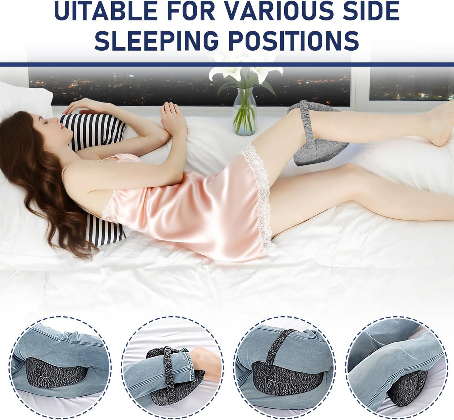 Alignment Pillows for Side Sleepers,Hip Alignment Pillow, Memory Foam Leg & Knee Pillow,Foam Support Pillow Soothing Relief for HIPS, Knees, Joints, Nerves & Muscles,Adjustable Strap (Grid Blue)