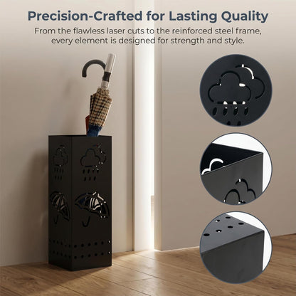 BEWBBAT Umbrella Stand Rack for Entryway, Black Square Metal Umbrella Holder, Free Standing Umbrella Storage Organizer Bin with for Home Office Hotel Decor, 6 x 6 x 17 Inch, Hold 6 Umbrellas