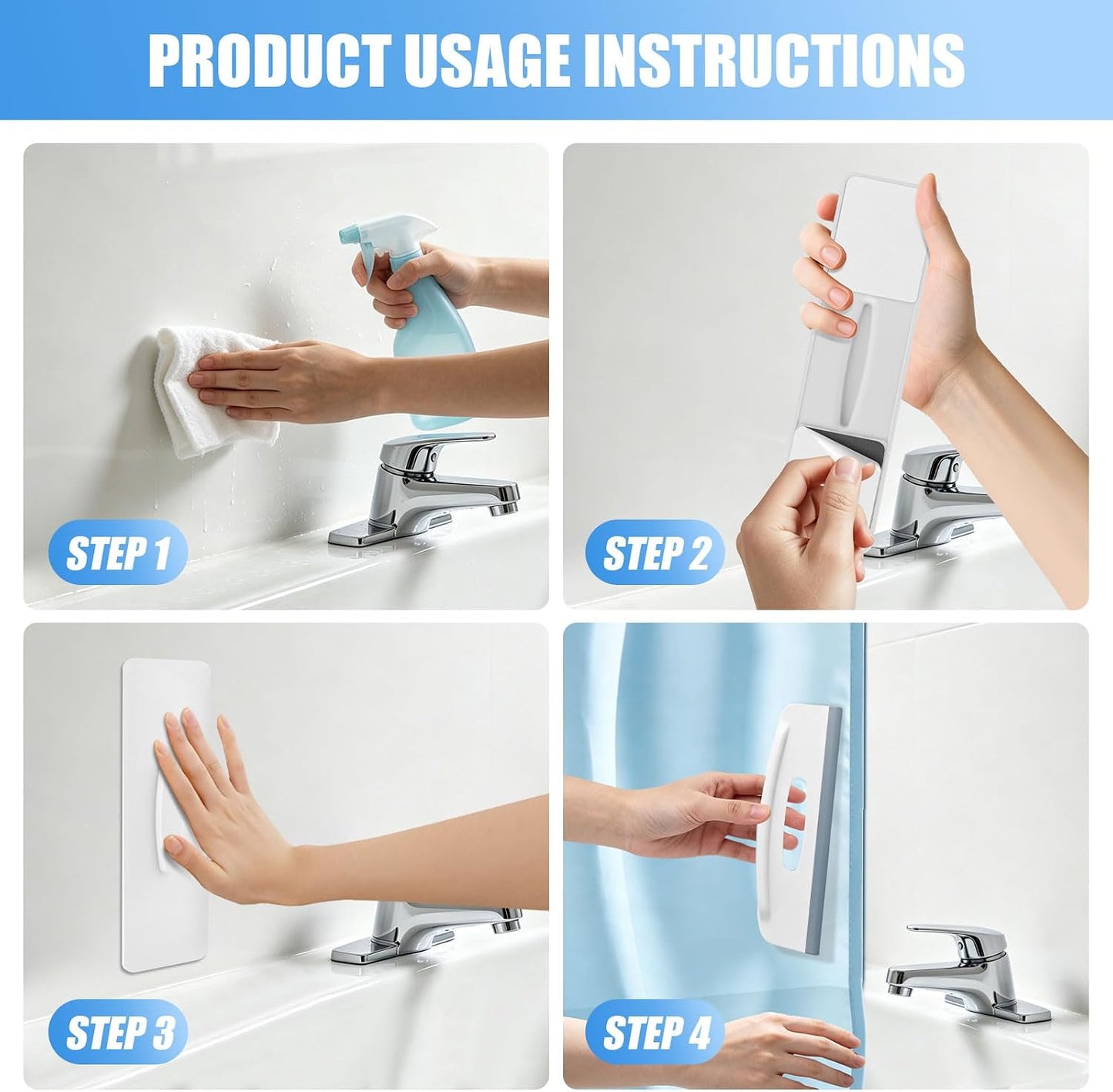 Shower Squeegee with Holder for Glass Door, Adhesive Wall Mount, Pack of 2 | Soft silicone blade removes water spots & soap scum without scratching. Compact holder stays tidy. Install without tools