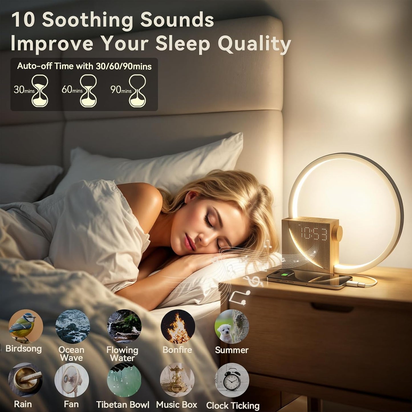 Vivilumens Sunrise Alarm Clock for Heavy Sleepers Adults, Wake-up Light, Sleep Aid 10 White Noise Sound Machines with 30/60/90 Timer, 3 Level Dimmable Touch Table Lamp with Snooze USB Charger Port