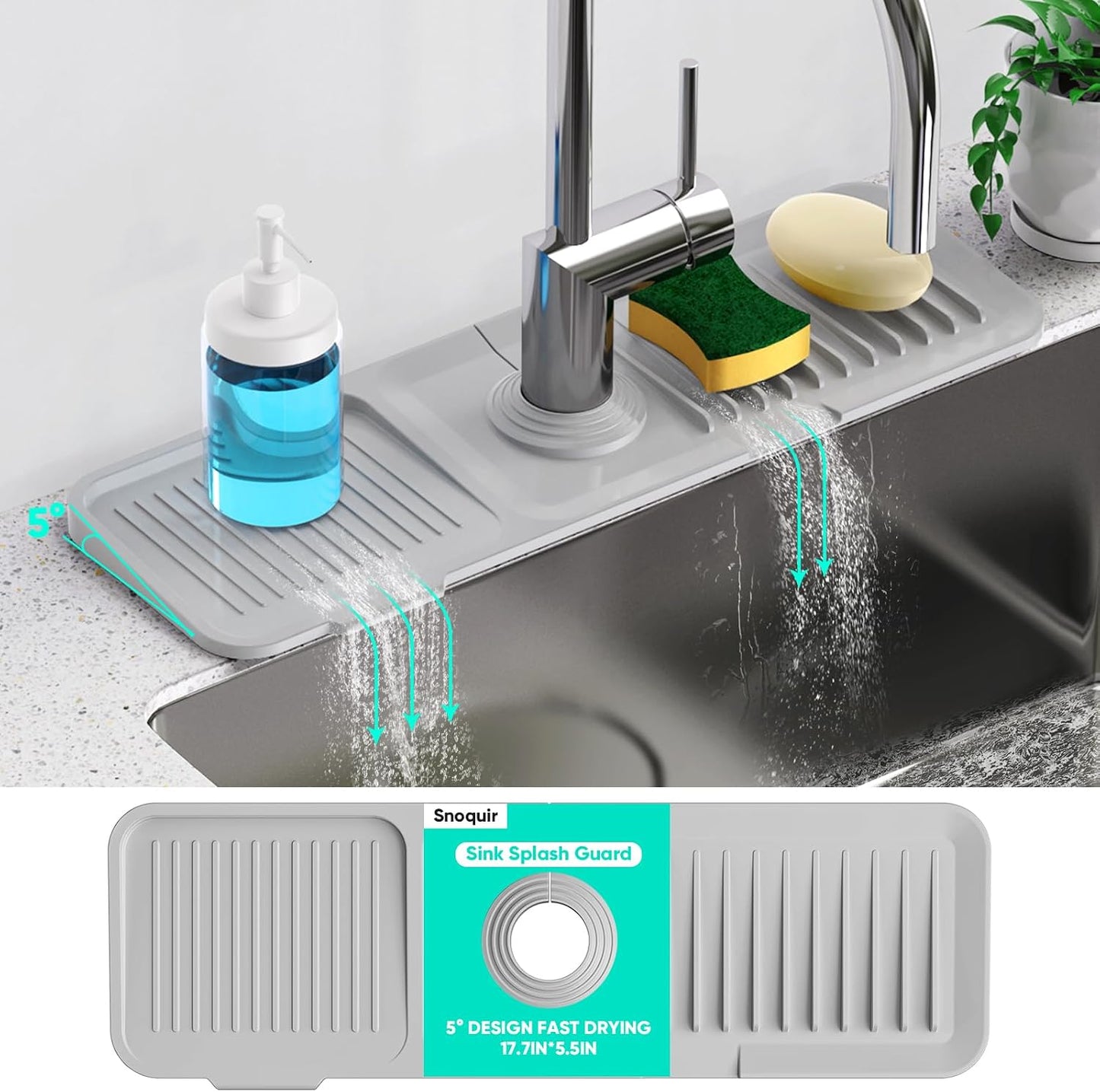 24 Inch Longer Faucet Mat for Kitchen Sink [5° Slope Fast Self-draining]Bathroom Kitchen Sink Splash Guard Silicone Sinks Faucet Mat Splash Guard for Kitchens Sinks Area Tidy Splashs Draining Mats