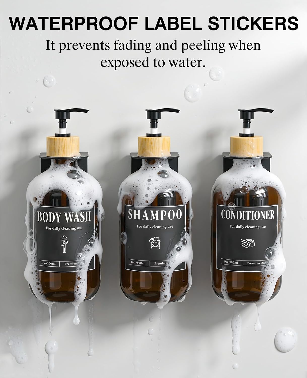 Luxspire 17oz Shampoo and Conditioner Dispenser 3 Sets for Bathroom, Black | Matte PET bottle, no-drill stainless bracket, detachable pump, dual wall/counter install with classification stickers