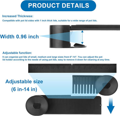 YONGAIJIA 4 Pack Pot Lid Organizer for Cabinet Door, Fits 6-14in Lids Black | Wall-Mount Pan Lid Holder for Inside Cabinet, Adjustable Rack for Pots and Pans, No-Drill Adhesive Kitchen Lid Storage