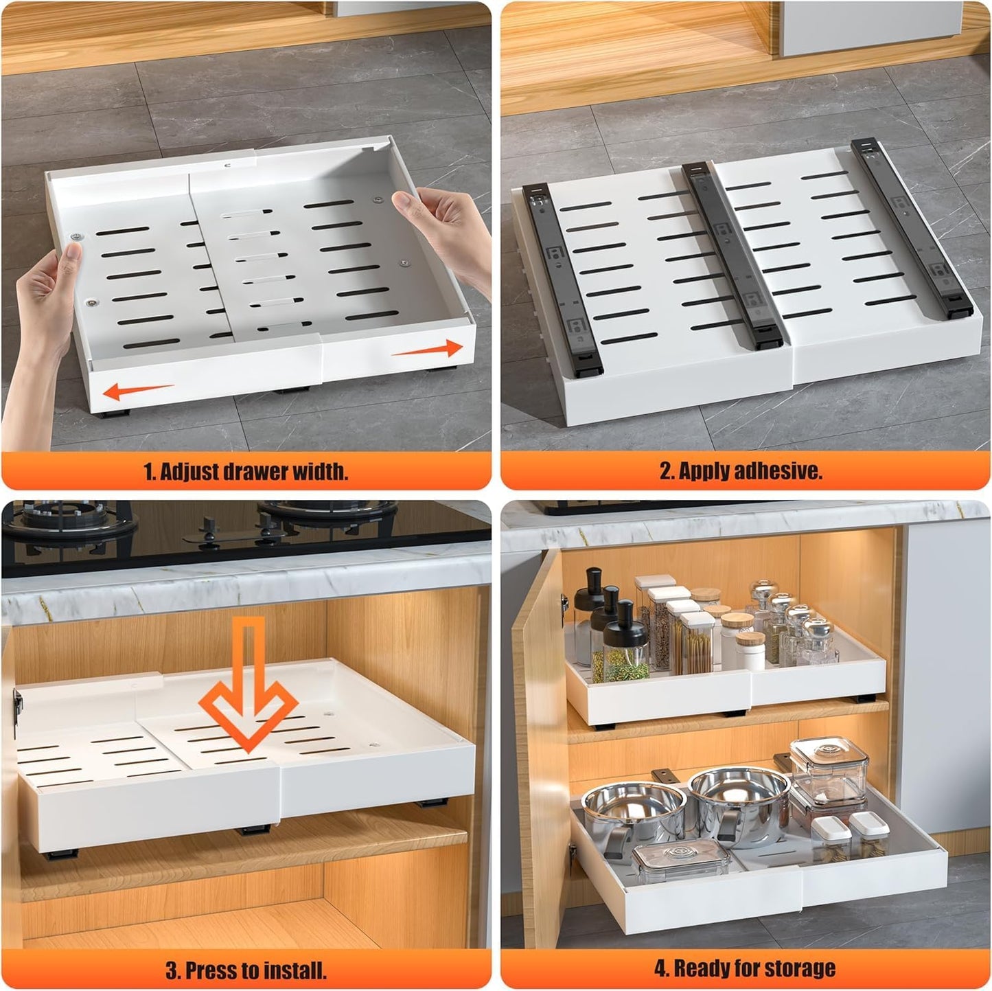4 Pack Expandable Pull Out Cabinet Organizer | fixed by nano adhesive film,heavy duty sliding drawer,suitable for kitchen,pantry cabinet storage