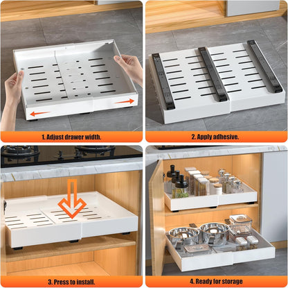 4 Pack Expandable Pull Out Cabinet Organizer | fixed by nano adhesive film,heavy duty sliding drawer,suitable for kitchen,pantry cabinet storage