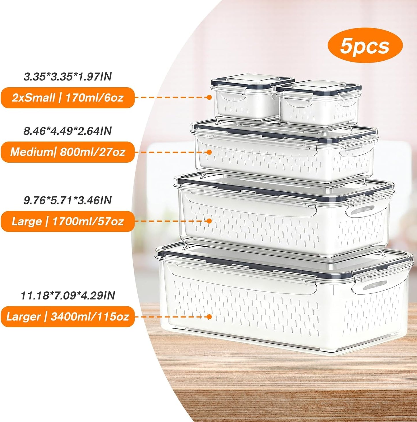 KUK 4 Pack Fruit Storage Containers for Fridge, Leakproof Food Containers with Removable Colander, Fruit Containers for Fridge BPA Free Produce Containers Keep Vegetables Berry Meat Fresh Longer