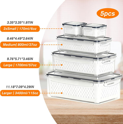 KUK 4 Pack Fruit Storage Containers for Fridge, Leakproof Food Containers with Removable Colander, Fruit Containers for Fridge BPA Free Produce Containers Keep Vegetables Berry Meat Fresh Longer