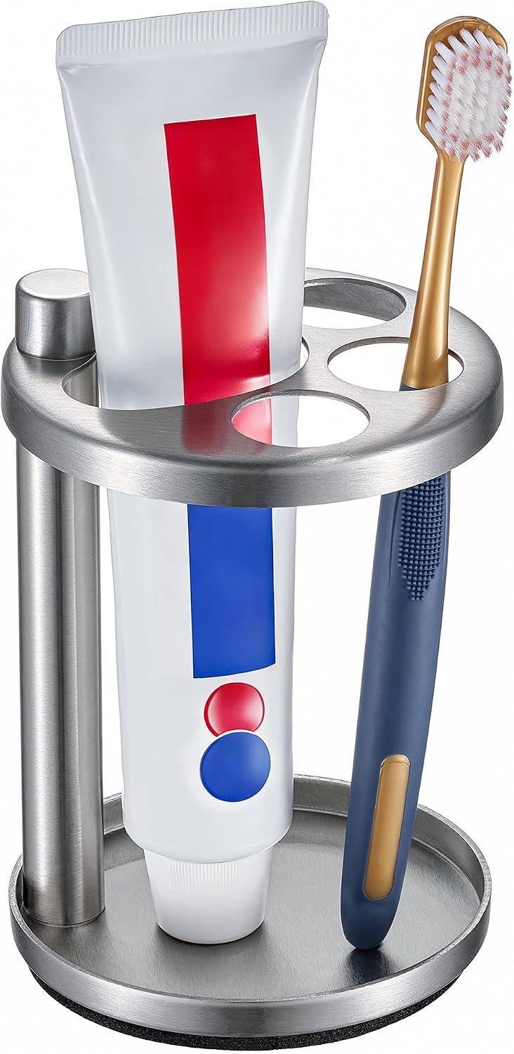 Toothbrush & Toothpaste Holder for Bathroom Countertop, Metal Electric Toothbrush Stand with Razor Slot, Ideal Design Caddy for Kids & Family, Black