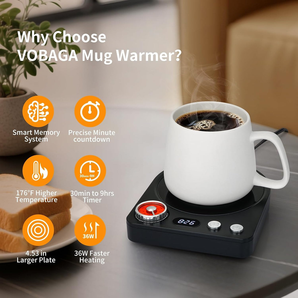 Coffee Mug Warmer, Smart Memory System, 9 Temp Settings, Customize Timer