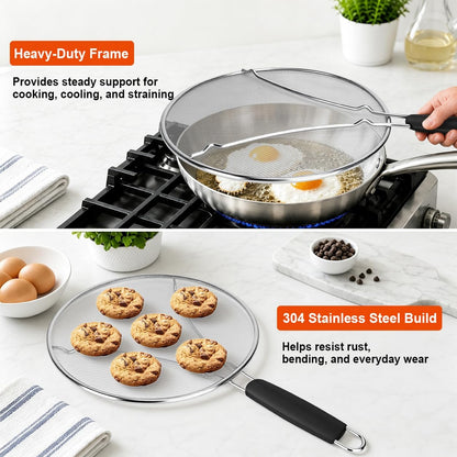 Splatter Screen for Frying Pan 13 Inch - Stainless Steel Grease Splatter Guard - Oil Splash Guard & Fine Mesh Cover for Cooking Bacon, Fried Chicken & Popcorn