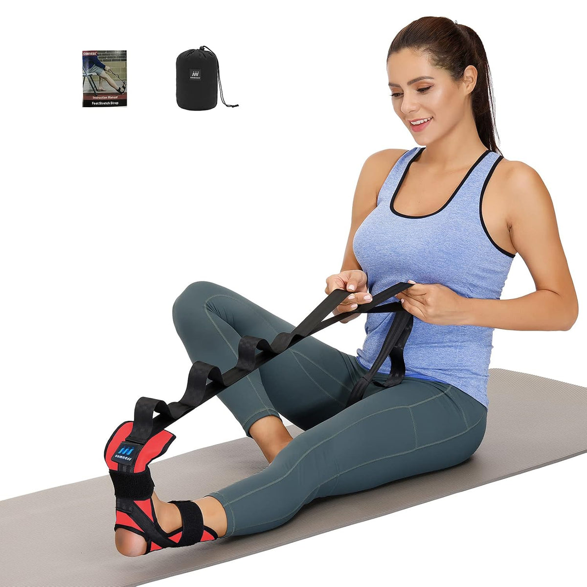 comness Foot and Calf Stretcher-Stretching Strap For Plantar Fasciitis, Heel Spurs, Foot Drop, Achilles Tendonitis & Hamstring. Yoga Foot & Leg Stretch Strap. (Black)