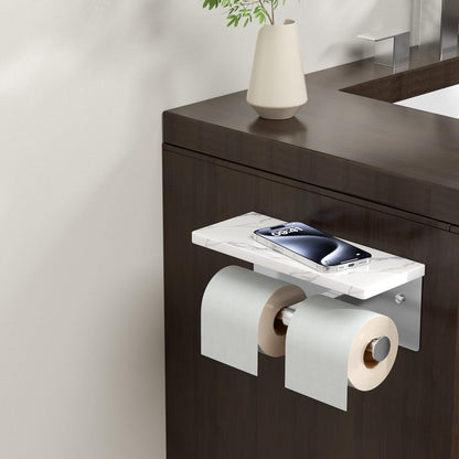 FORIOUS Toilet Paper Holder with Shelf, Natural Marble, Commercial | Brushed Nickel, Wall Mount 304 Stainless Steel Commercial Bathroom Tissue Roll Dispenser, Heavy Duty Washroom Paper Storage