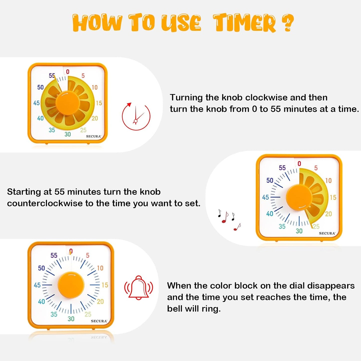 Secura 7.5-Inch Fruit Visual Timer for Kids, 60-Minute Countdown Timer for Classroom or Kitchen, Durable Mechanical Timer Clock with Magnetic Backing (Orange)
