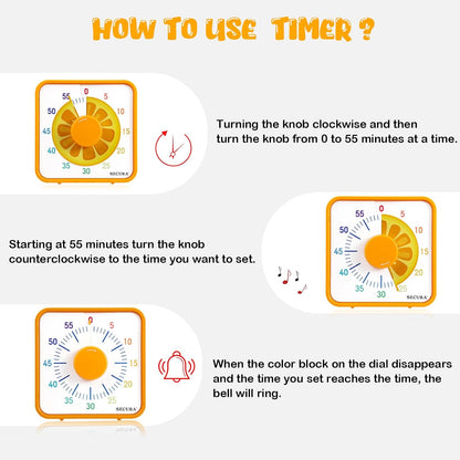 Secura 7.5-Inch Fruit Visual Timer for Kids, 60-Minute Countdown Timer for Classroom or Kitchen, Durable Mechanical Timer Clock with Magnetic Backing (Orange)