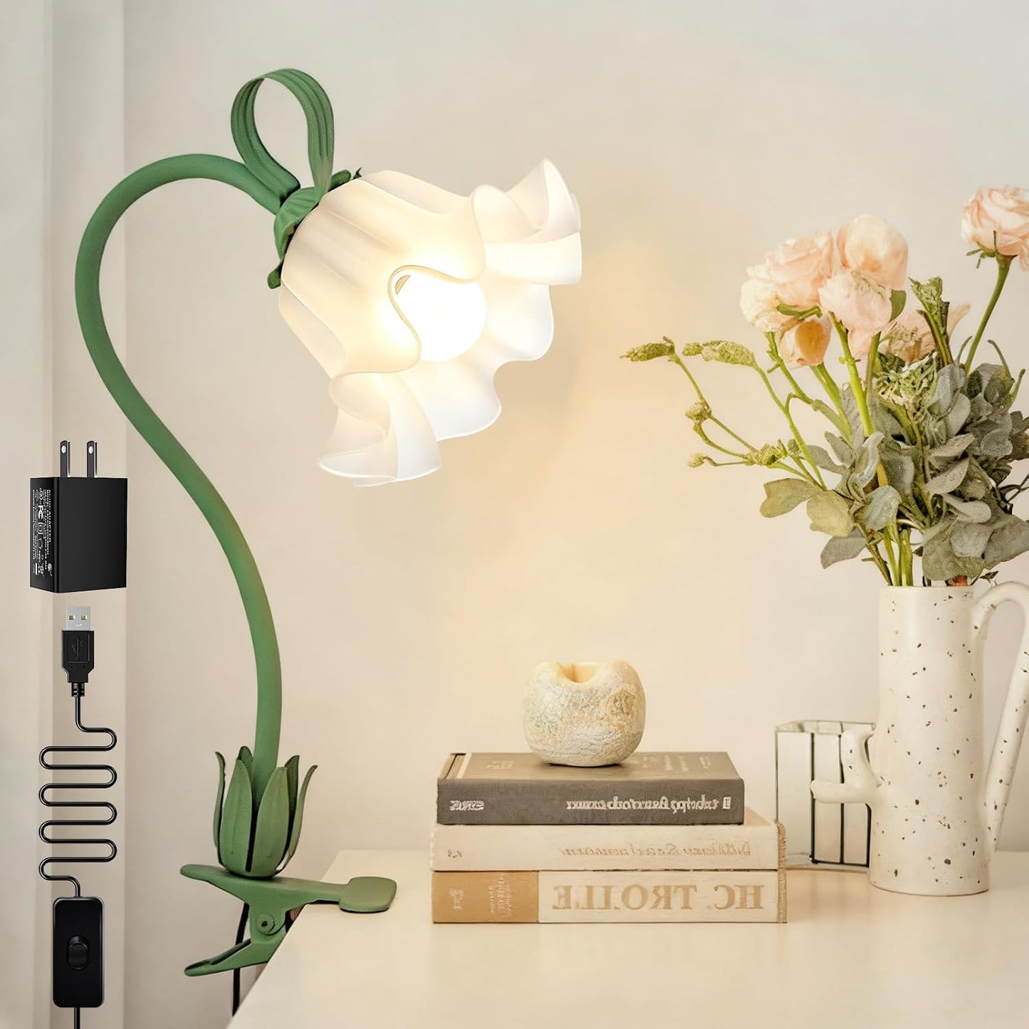 Clip On Light and Bed Headboard Lamp,Valentines Day Gifts for Women,Flower Desk Lamp with 3 Color Modes,USB Power Gooseneck Reading Light,Night Light for Nursery,College Dorm Room Essentials (Green)