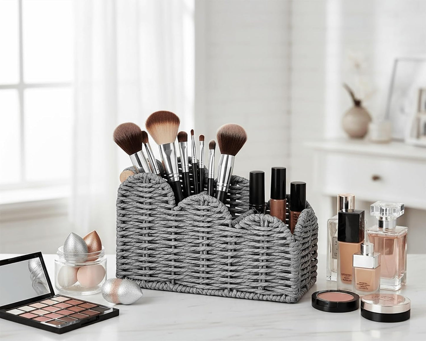 CubesLand Bedside Table Desk Organizer Caddy, Remote Pen&Pencil Holder Cup | Makeup Brush Holder w/Scalloped Perfect for Home, Office Desk, Living Room Table Decor, 3 Slots Neutral